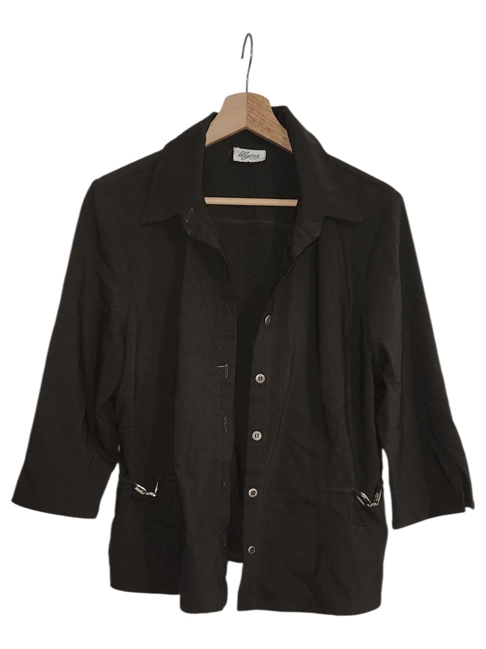 Ilyza Petite Button Front Shirt Jacket 3/4 Sleeve Dark Olive Green Silver Detail